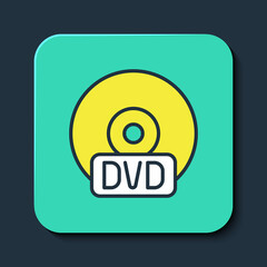 Filled outline CD or DVD disk icon isolated on blue background. Compact disc sign. Turquoise square button. Vector
