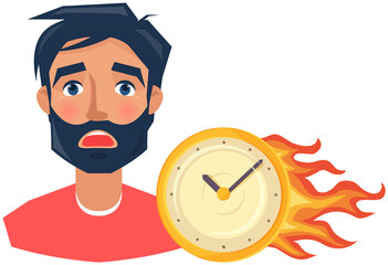 Time management concept. Upset man portrait near burning clock. Scared guy before deadline. Man is afraid of late work. Shocked face expression of adult person. Clock with fire as symbol of deadline