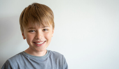 Portrait of smiling child, teenager in grey t-shirt looking at camera over white background. Positive mood. © Chiralli