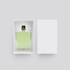 Blank perfume bottle in hard box for branding, 3d render illustration