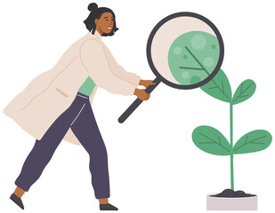 Scientists make laboratory analysis of life system and organisms. Idea of education, botany, microbiology. Biologists study structure of plant cell. Biological research with green sample in lab