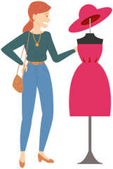 Woman stands near mannequin in ready-made dress. Designer, dressmaker, sewing specialist looking at work of fashion art. Lady looks at outfit, clothes on mannequin. Haute couture dress design