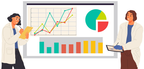 Search for solutions, scientific analysis concept. Woman looking at statistical chart. Scientist works with data analytics and research of statistics. Person with magnifying glass analyzes diagram