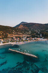 Katelios village harbor, sunrise from the air, Kefalonia, Greece