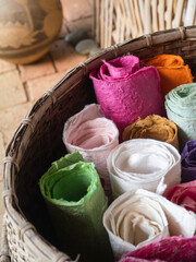 Rolls of mulberry paper in the basket.