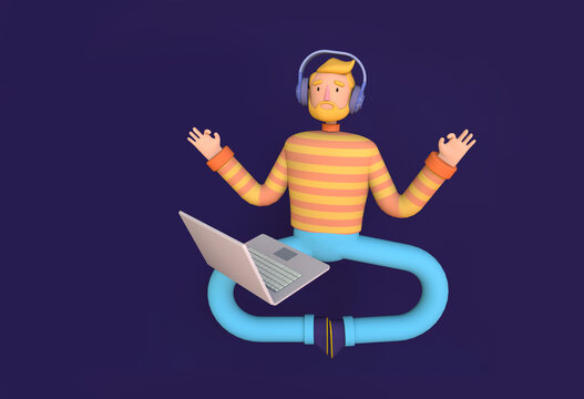 Programmer in meditation pose Web development, programmer engineering and coding website. Concept of script coding for beginners. Trendy 3d illustration.
