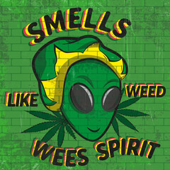 Graffiti about an alien using rasta beret next to weed leafs with the tittle Smells like weed, Weed Spirit. Art made in a green brick wall with grunge effect