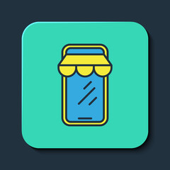 Filled outline Online shopping on mobile phone icon isolated on blue background. Internet shop, mobile store app and payments billing. Turquoise square button. Vector