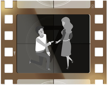 Tv with romantic show or series screen. Black and white vintage film frame with beautiful romance scene. Movie streaming relaxing in front of tv concept. Man on his knee proposing to girl, love story