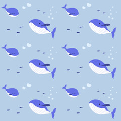 Mother and baby whale seamless pattern in blue ocean.