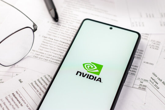 West Bangal, India - April 20, 2022 : Nvidia logo on phone screen stock image. 
