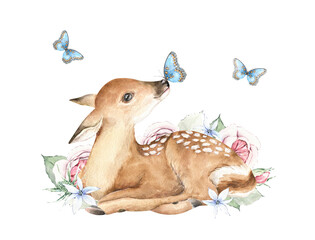 Watercolor illustration. Cute young deer and butterflies. Fawn image, pink and blue flowers, green leaves and bouquets on white background. For prints, postcards, greeting cards, textile, invitations