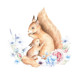 Watercolor illustration. Cute squirrels. Mother and baby animal. Pink and blue flowers, green leaves and bouquets on white background. For prints, postcards, greeting cards, textile, invitations