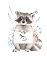 Watercolor illustration. Cute little raccoon, floral bouquet and butterfly. Lavender, pink and blue flowers on white background. For prints, postcards, greeting cards, textile, invitations