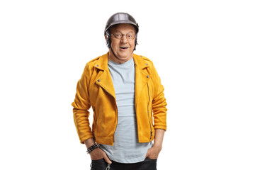 Full length portrait of an elderly man in a yellow leather jacket ahd helmet