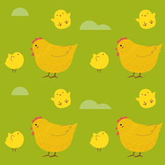 Hen and chicken seamless pattern on green background.