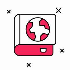 Filled outline Earth globe and book icon isolated on white background. World or Earth sign. Global internet symbol. Geometric shapes. Vector