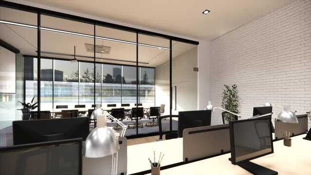 Interior Empty Modern Loft Office open space modern office footage.Modern open concept Lobby and reception area meeting room design.3d Rendering  interior walk through.