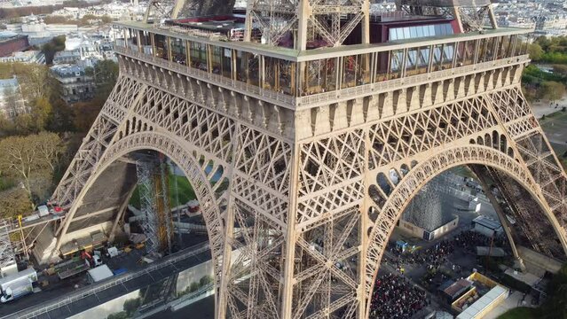 Shooting from the drone of the structures of the Eiffel Tower.