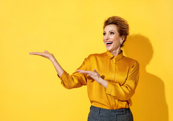 Cheerful woman showing empty copy space (ads, promo, recommend). Photo of attractive elderly woman in yellow shirt on yellow background