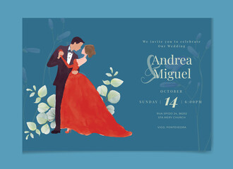 Bride and groom beautiful hand drawn watercolor wedding invitation set template Celebration, event, invitation, wedding dress, groom, romantic, pastel tones, wedding gate. Bridal flower bouquet, 