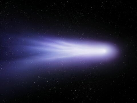 Tail of the comet glows against the background of the starry sky. An astronomical photo of a comet flying in outer space.