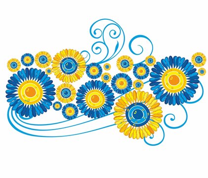 Pattern of yellow  and blue sunflowers on a white background