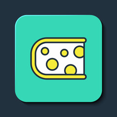 Filled outline Cheese icon isolated on blue background. Turquoise square button. Vector