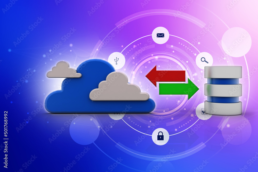 Poster 3d rendering cloud database with transfering arrows