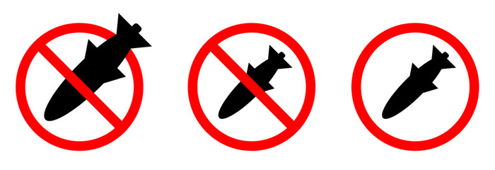 Stop bombing black sign, icon, symbol, logo in red circle isolated on white background. Vector illustration