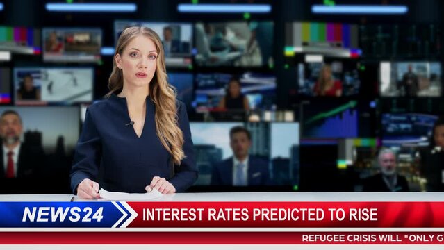 TV Live News Program with Professional Female Presenter Reporting. Television Cable Channel Anchorwoman Talks, Business, Economy, Entertainment. Mockup Network Broadcasting Playback in Newsroom Studio