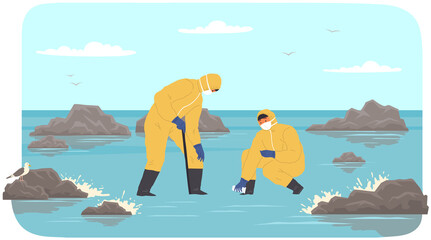 Obraz na płótnie Canvas Scientists in protective suits collect samples of water. People analyze state of sea or ocean. Men collect water in test tube during experimental analysis. Impact of human activity, nature research