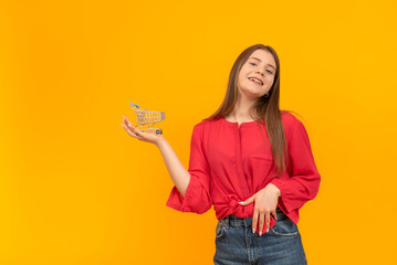 Cheerful smiling girl holds small grocery cart. Portrait of young woman with shopping trolley in hands on yellow background.