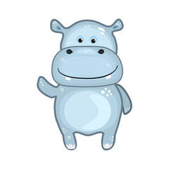 Hippopotamus isolated on white background. Cartoon hippo mascot. Behemoth waving hand. Friendly river-horse standing and smiling.Hippopotamus character sticker.Africa animal symbol.Vector illustration