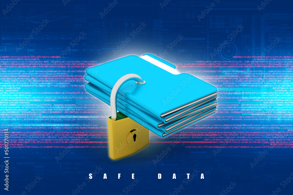 Poster yellow folder and lock. data security concept. 3d rendering