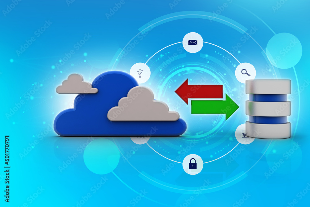 Poster 3d rendering cloud database with transfering arrows