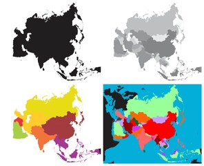 Asia maps set vector drawing illustration collection silhouette political and administrative map on isolated background detailed border line for geography atlas science education