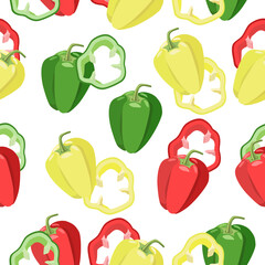 Seamless pattern of whole bell peppers and slices,red,yellow,green on a white background.Vegetable vector pattern can be used in textiles,restaurant designs.