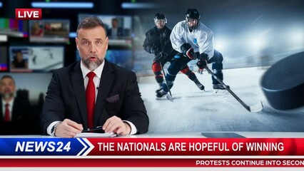 Split Screen TV News Live Report: Anchor Talks. Reportage Montage: Photo of Poster Appearing with Ice-Hockey Game Championship Match, Players Play. Television Program Channel Playback. Luma Matte 