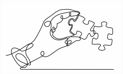 continuous line drawing of hand holding puzzle piece as a solution.Business matching - connecting puzzle elements.  Puzzle game symbol and iconic business metaphor for problem solving, solution.