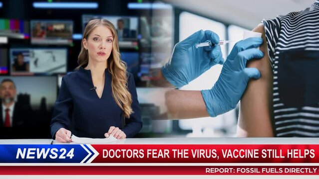 Split Screen TV News Playback: Anchorwoman Talks. Medical Nurse  Does Vaccine Injection to a Male Patient in a Health Clinic. Doctor Uses Hypodermic Needle and a Syringe to Administer Medicine