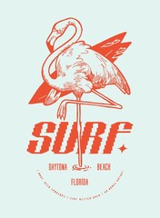 Flamingo surfing. Flamingo bird standing on one leg and holding surfboard. Typography t-shirt print. Silkscreen vector illustration. - obrazy, fototapety, plakaty