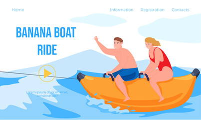 Couple banana boat ride landing page vector flat summer leisure beach sport recreation activity