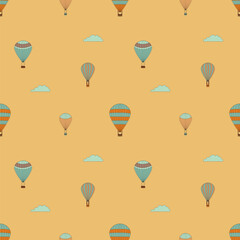 Hot Air Balloons in the sky. Coloring page in retro style. Seamless pattern.
