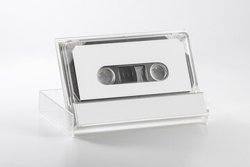 Blank compact cassette tape box label design mockup. Vintage cassete tape record case box mock up. Plastic analog magnetic tape cassette clear packaging template. Mixtape box cover - obrazy, fototapety, plakaty