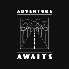 Adventure awaits. The road to the mountains, palm trees. The concept of travel. Hand-drawn outline vector illustration.