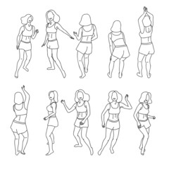 Set of sketch ink hand drawn dancing ladies in different poses. Doodle collection of woman dancers contours, disco party characters. Vector illustration of moving bodies