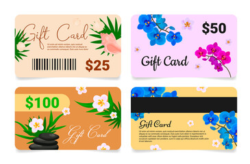 Collection spa gift card template with barcode and magnetic tape vector illustration
