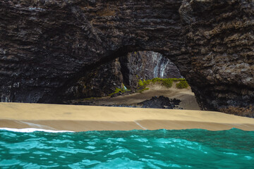 Deep sea caves and rocky formations on the Napali coast of the Hawaiian island of Kauai