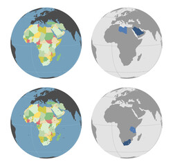 Round Globe Vector Map with Africa, Middle East Countries highlighted and Capitals optionally mapped (see top and bottom). Any country combinations could be highlighted. African Map. Middle East Map.